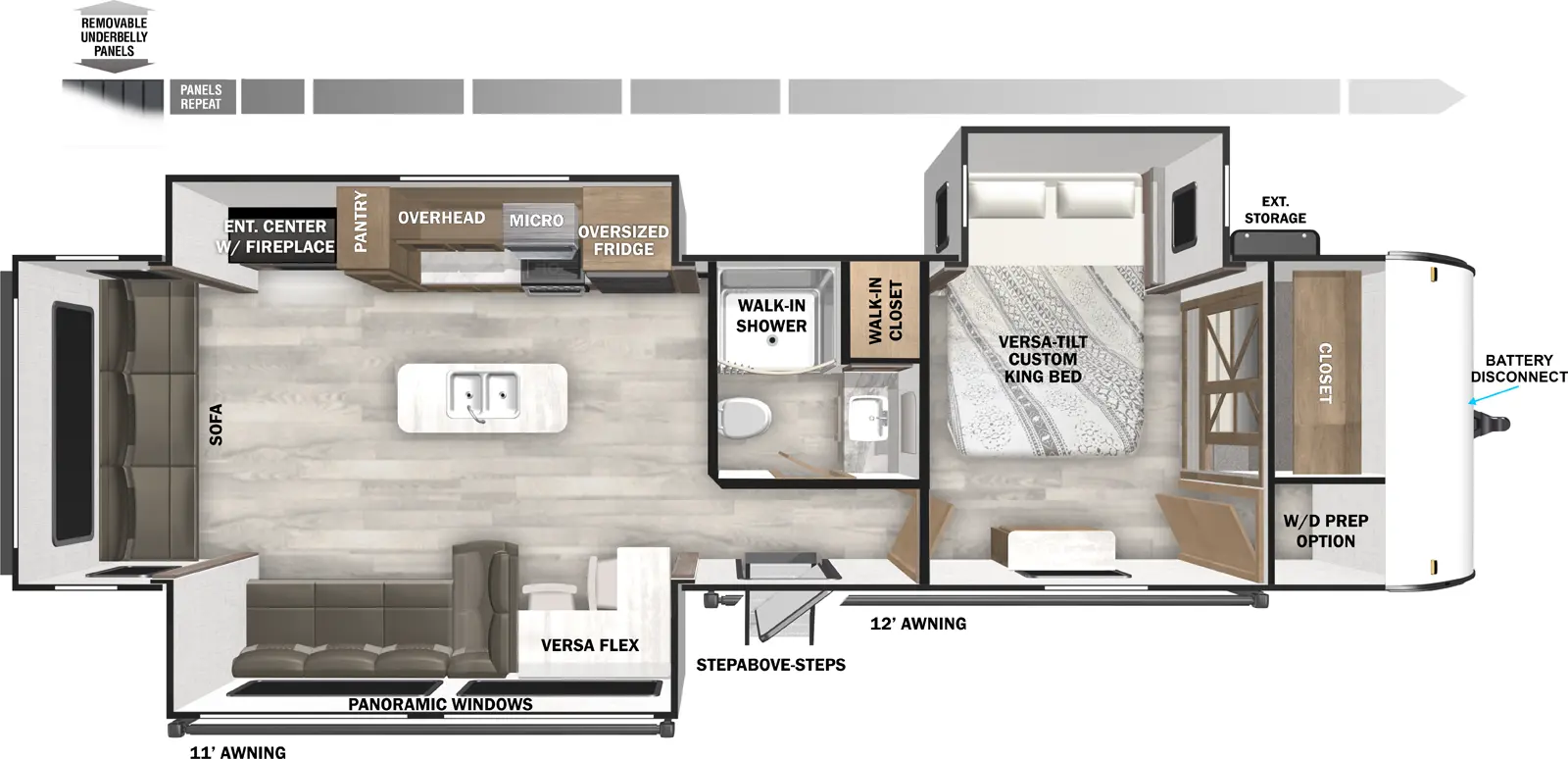 The Wildwood 32RET has one entry and three slide outs. Exterior features include: metal or fiberglass exterior and 11' & 12' awning. Interiors features include: kitchen island, front bedroom and rear living.